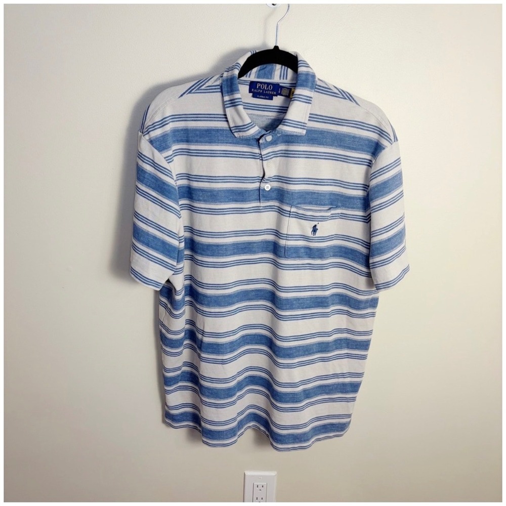 Polo Ralph Lauren Polo Mens L Blue Stripe Classic Fit Pocket Pony Short Sleeve - Picture 6 of 8
